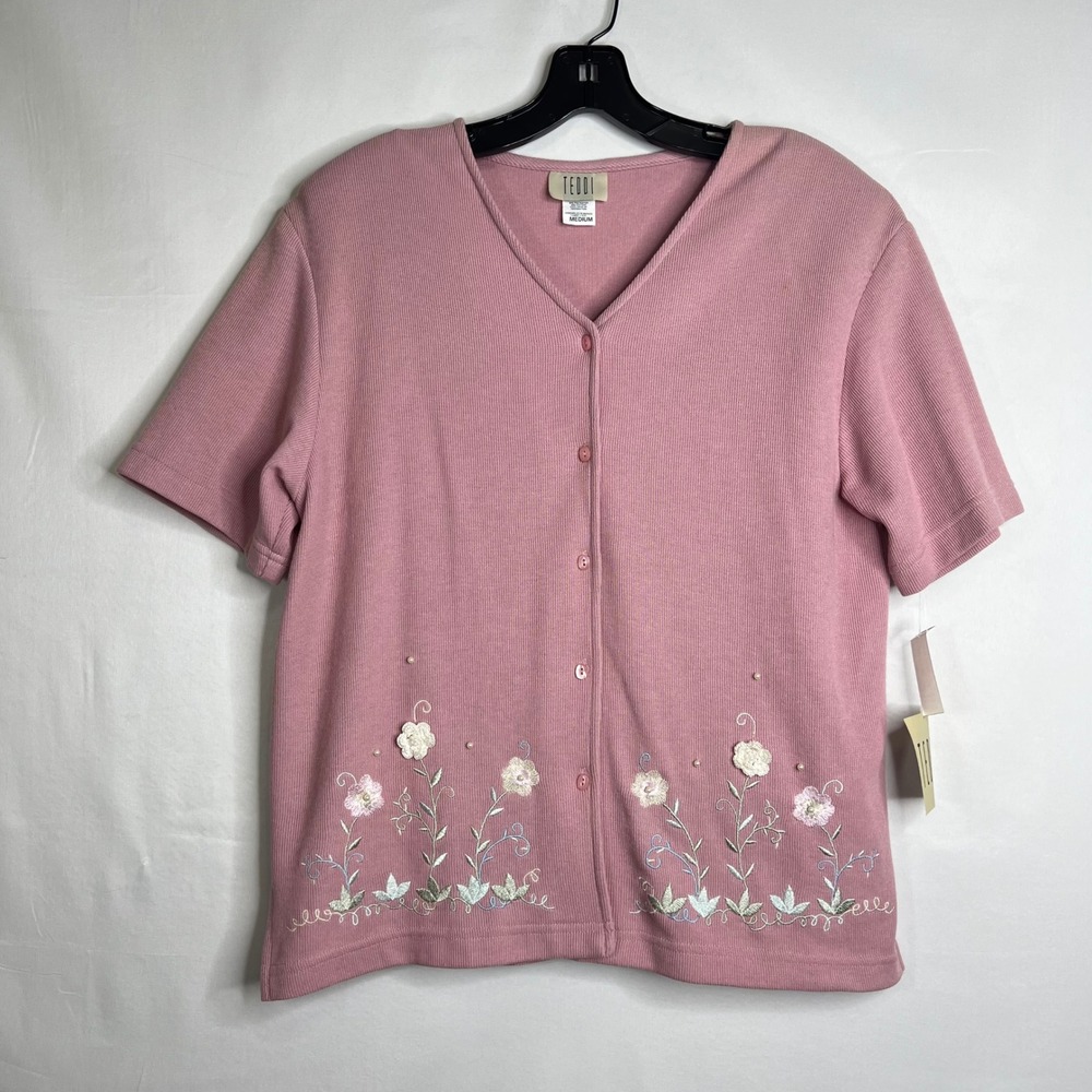 Vintage Teddi Pink Floral Embroidery Blouse Women M Cardigan Cottage Grandma NOS